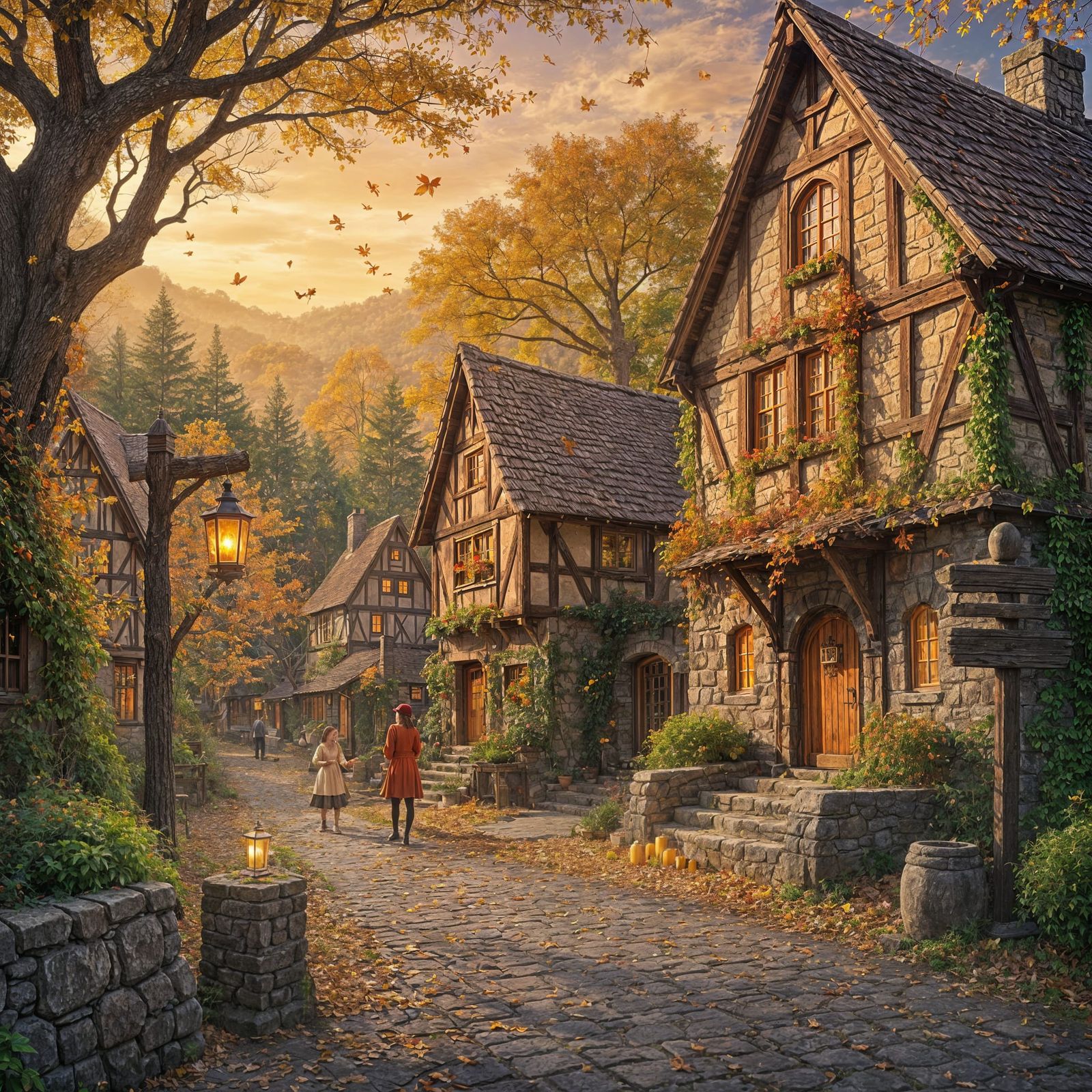 Whimsical Autumn Village in Painterly Magic Realism Style