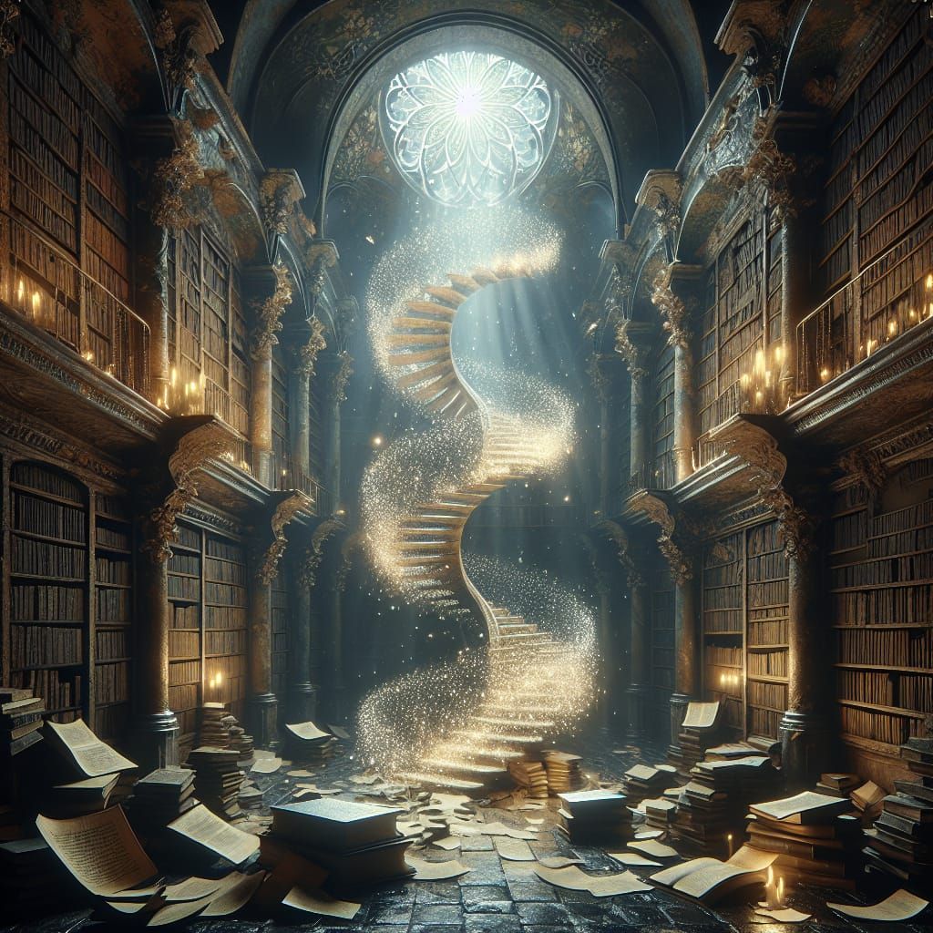 Enchanted Library with Spiral Staircase: 3D Digital Art