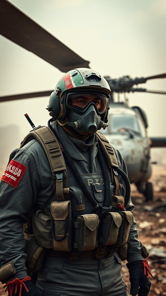 Saudi Pilot in War Zone: Cinematic Film Still