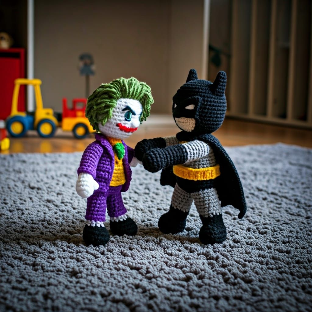 Crocheted Batman and Joker Playroom Showdown