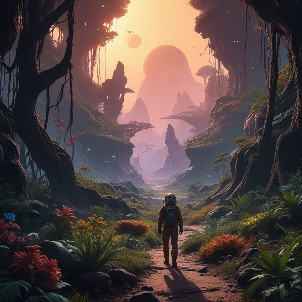 Astronaut Exploring Alien Jungle in Digital Matte Painting