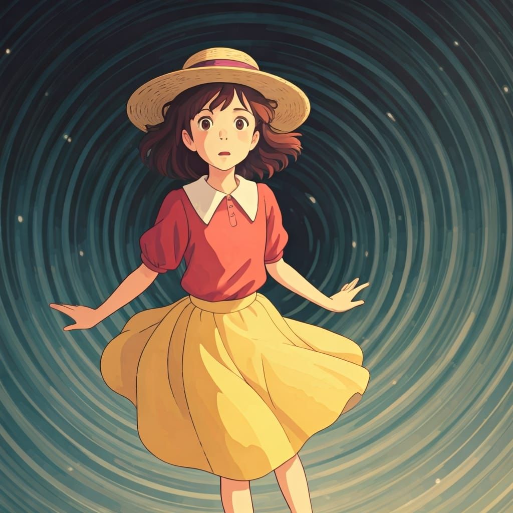 Shizuku Tsukishima Floats Through Vortex in Ghibli Style