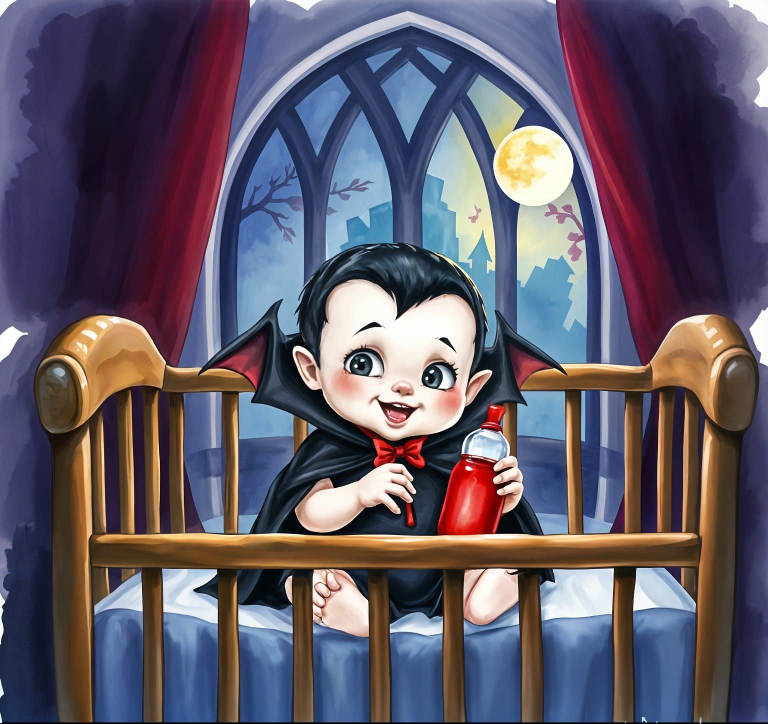 Adorable Baby Dracula in Crib: Watercolor Art