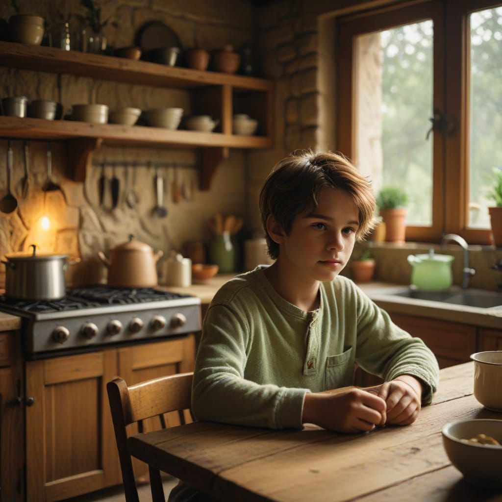 Cozy Family Moment in a Rustic Kitchen Setting