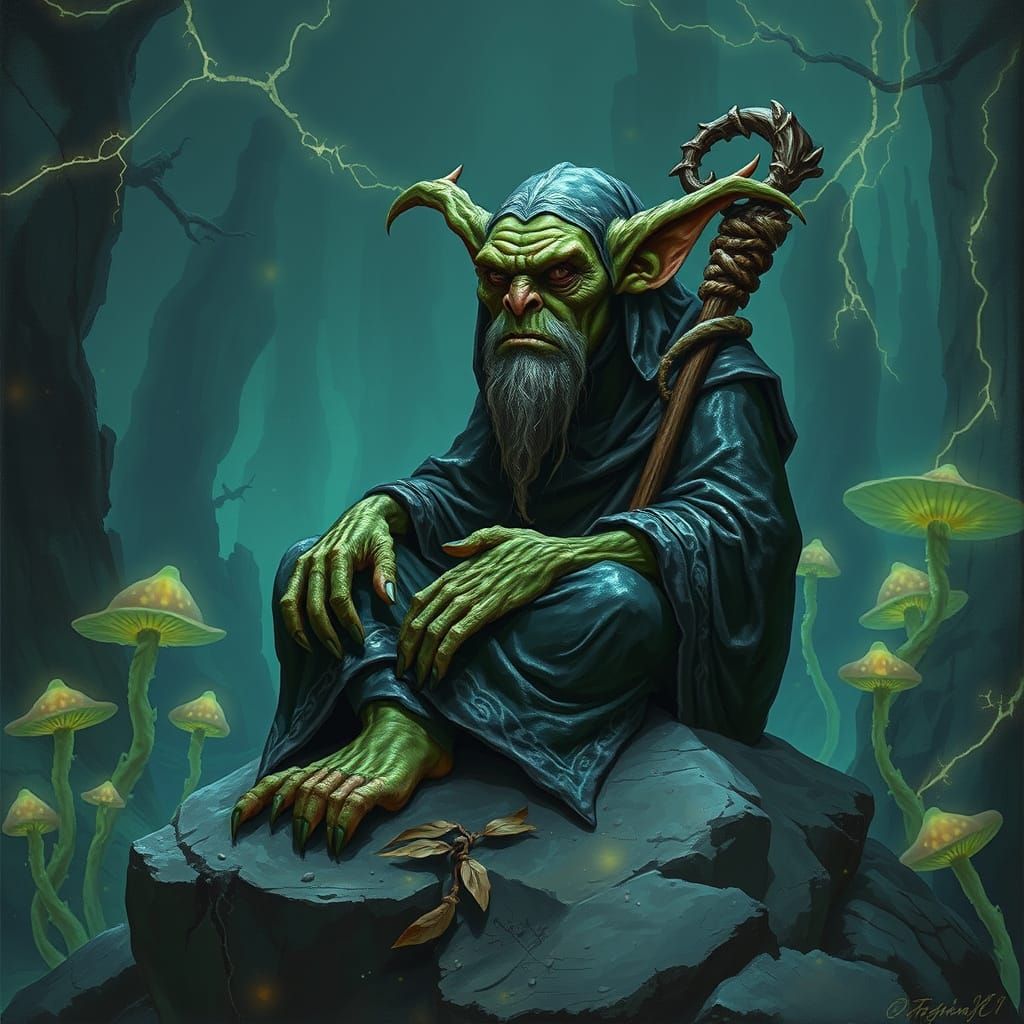 Goblin Elder Overlooking Bioluminescent Forest, Matte Painti...
