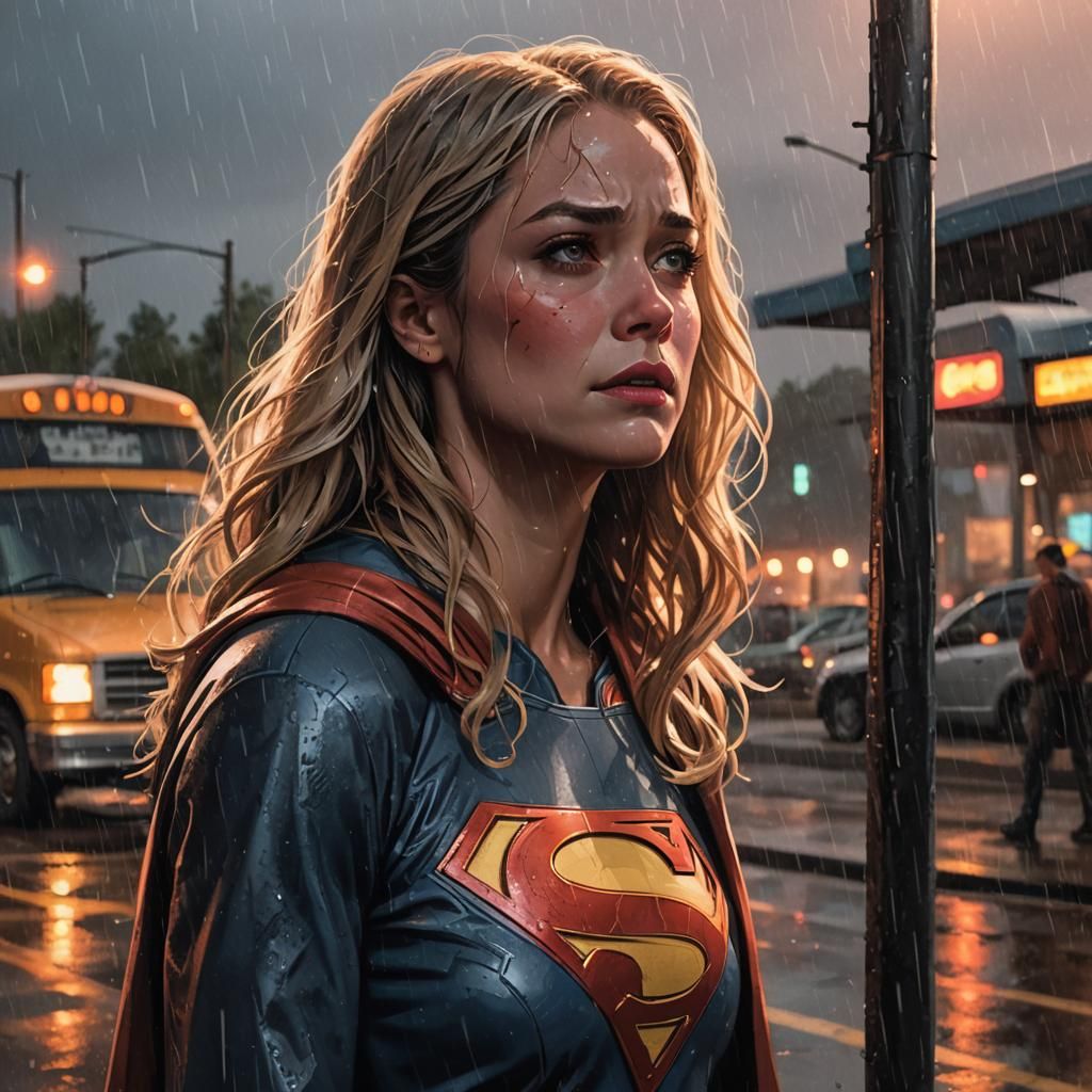 Supergirl Crying at Bus Stop: Comic Book Art