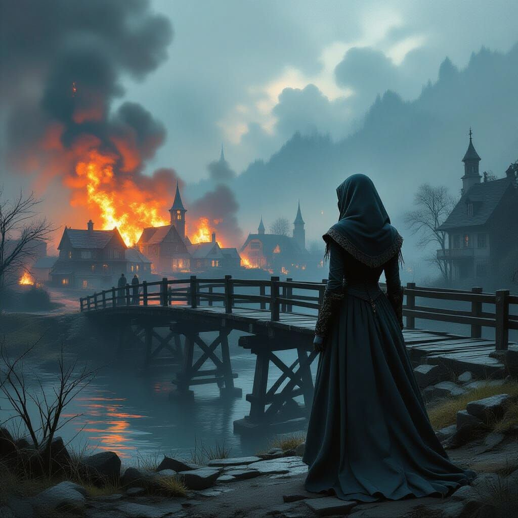 Undead Woman Watches Burning Town: Hyperrealistic Splash Art