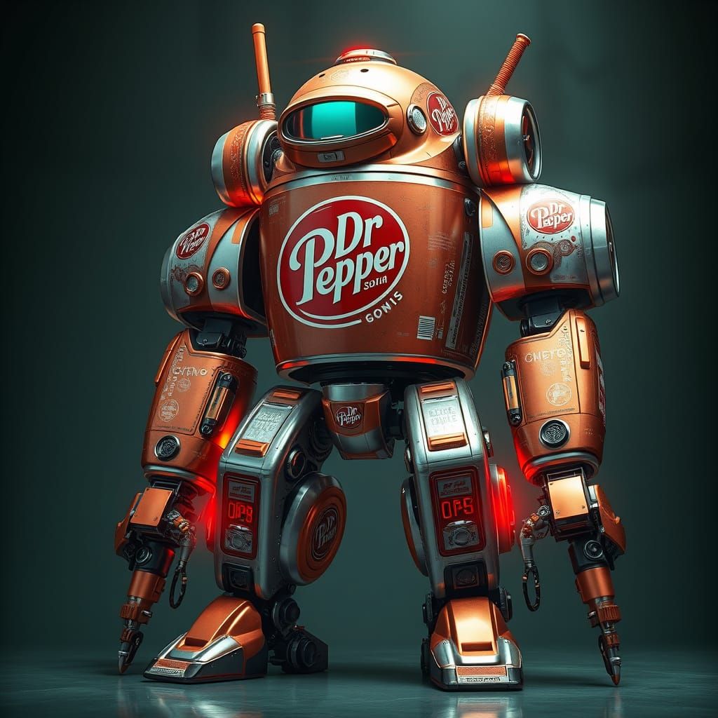 Retro-Futuristic Dr Pepper Mech in Cyberpunk Steampunk Style