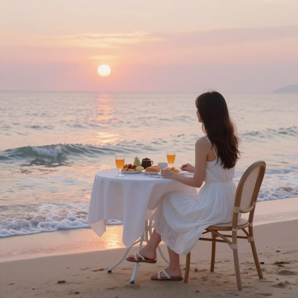 Serene Sunrise Beach Breakfast in Impressionist Style