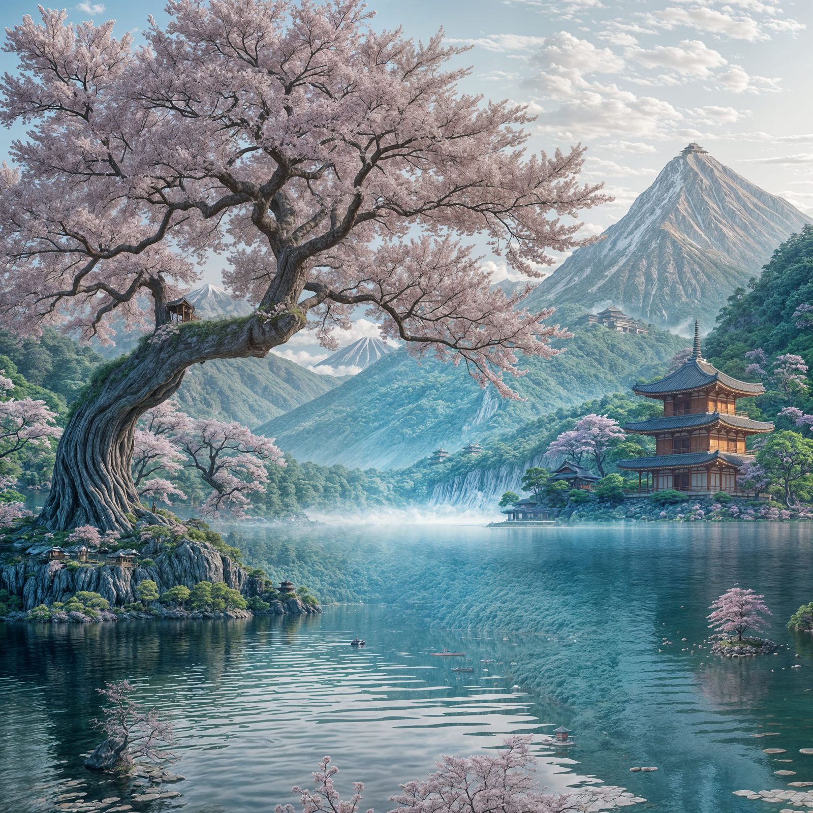 Majestic Sakura Tree Overlooking a Serene Lake Landscape in ...