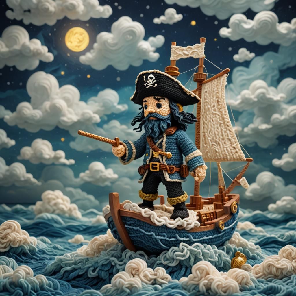 Chibi Pirate Knitted Sculpture on Moonlit Sea