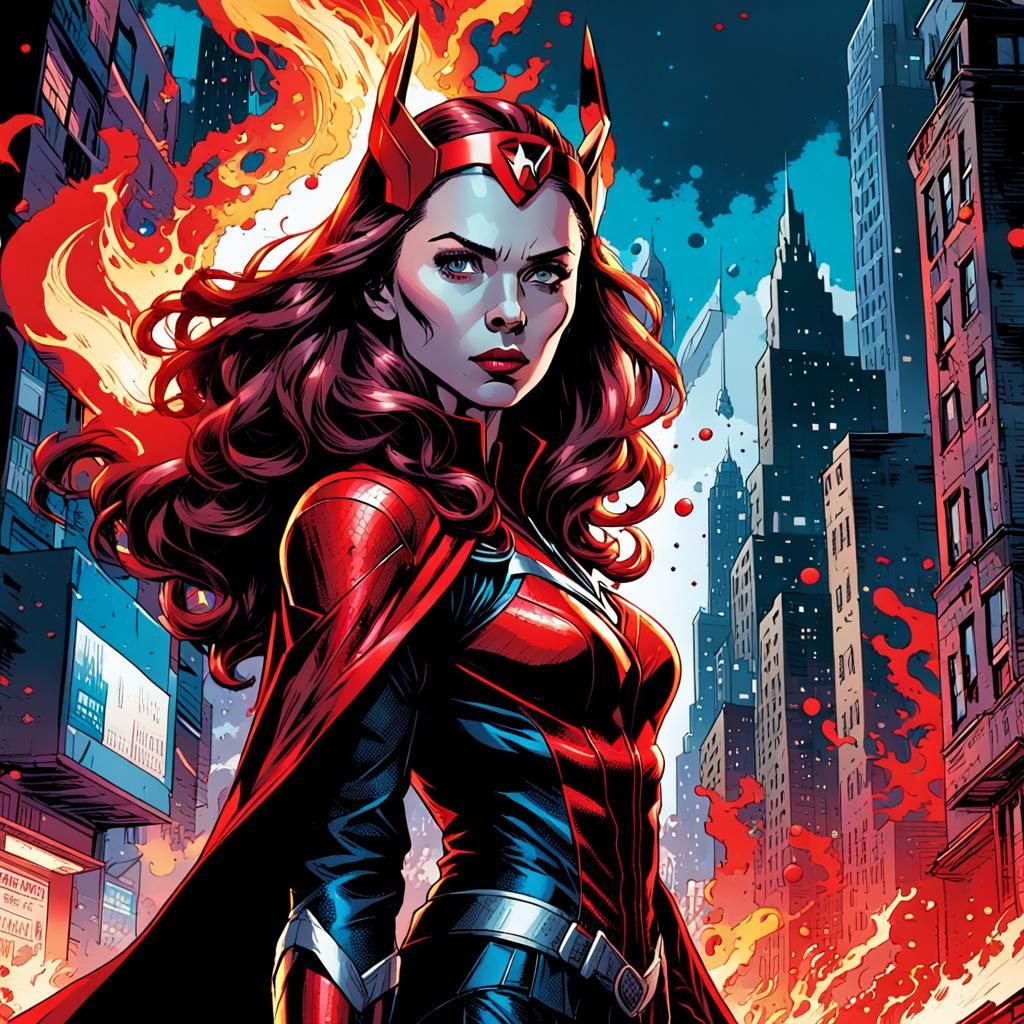 Scarlet Witch in a Bold Graphic Cityscape