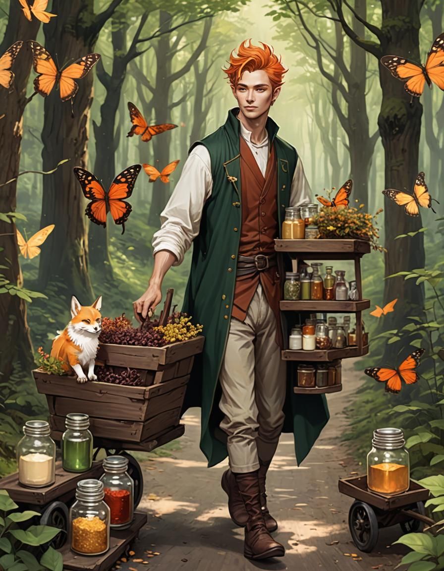 Kitsune Merchant Selling Butterflies in Fantasy Forest