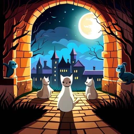 Translucent Ghost Playing with Wolves in Castle Ruins