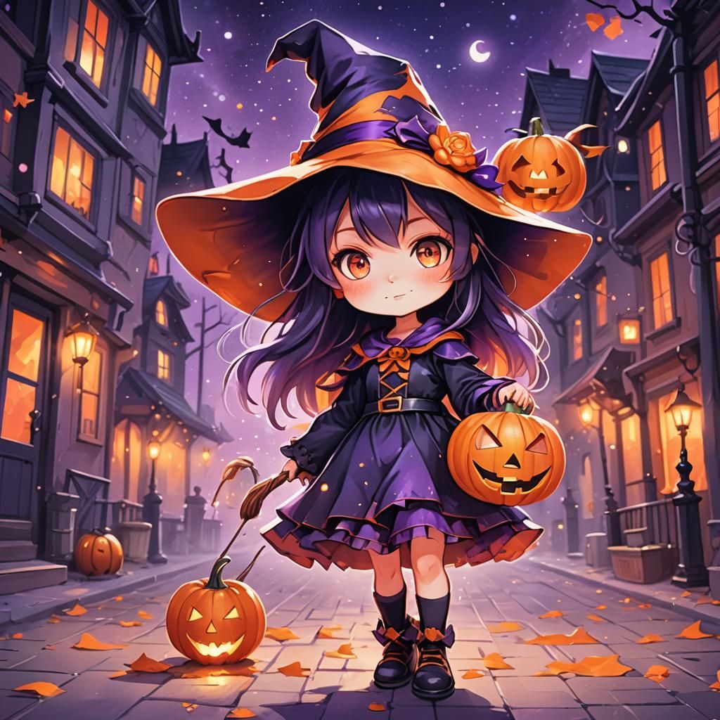 Chibi Witch Girl with Jack-o-Lantern in Anime Style
