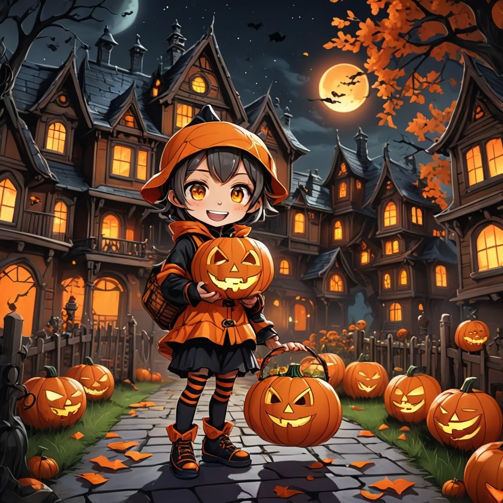 Cute Anime Trick-or-Treater with Jack-o-Lantern