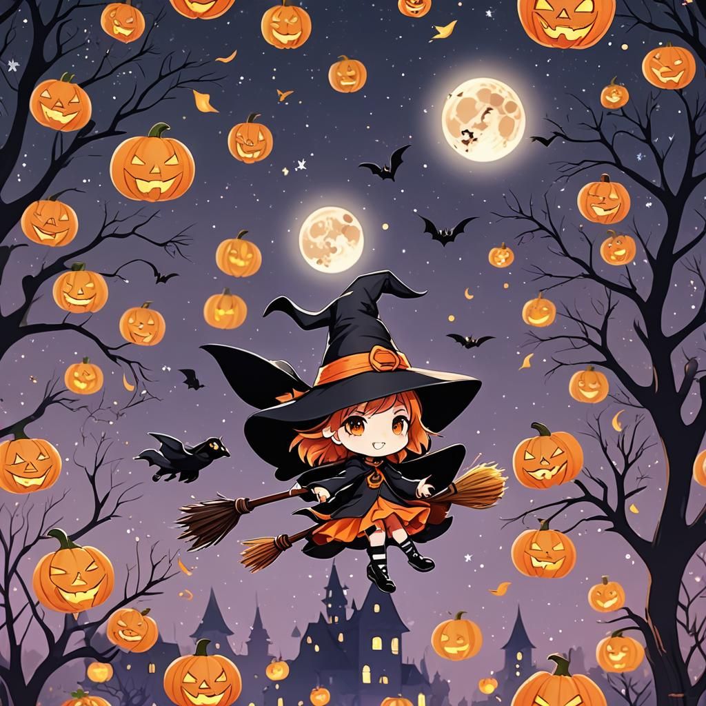 Chibi Witch Flying on Broom in Halloween Night