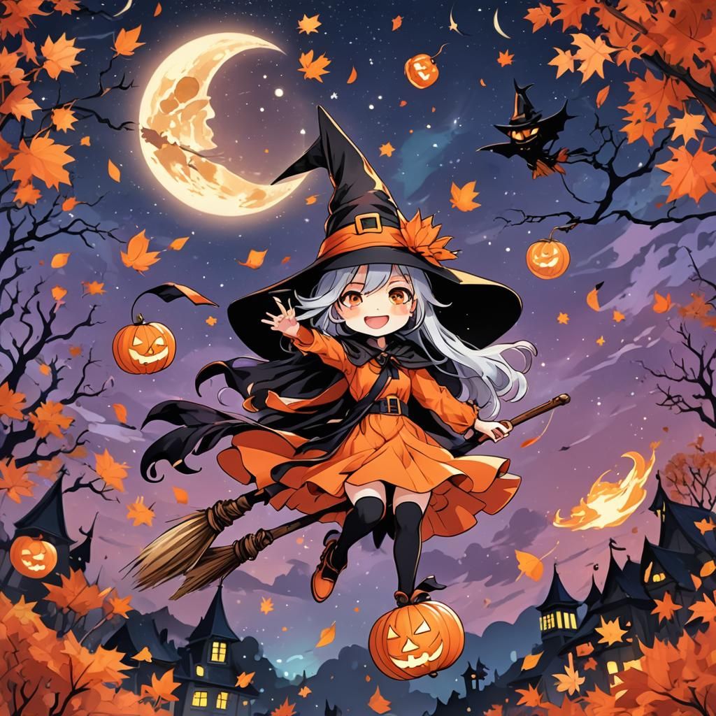 Chibi Witch Flying Through Halloween Night Sky