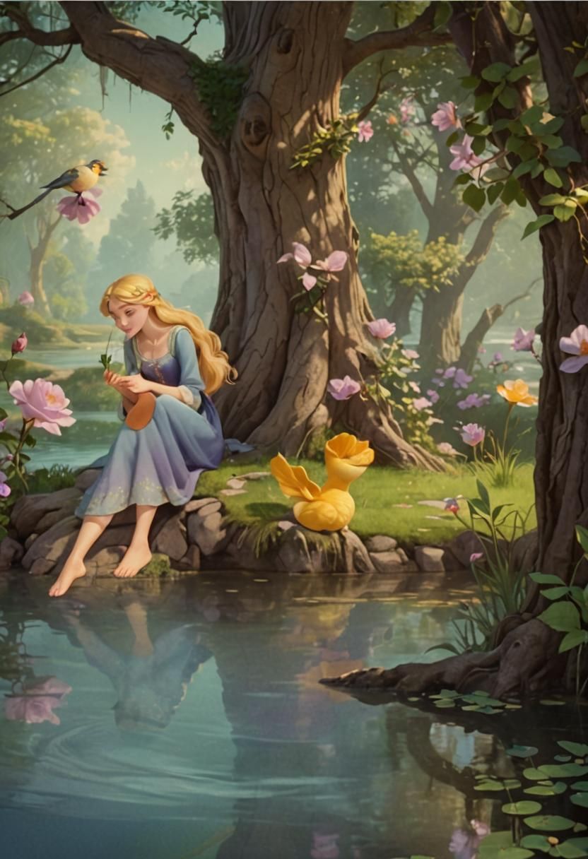 Briar Rose Relaxing by Lake: Disney Pixar Style