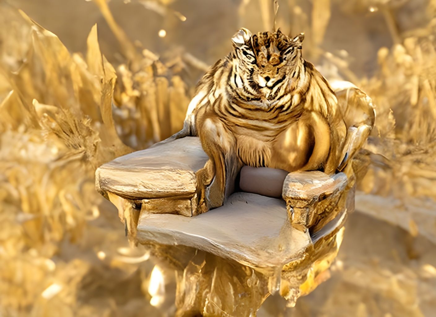 Majestic Tiger King on Golden Throne: Realistic Render