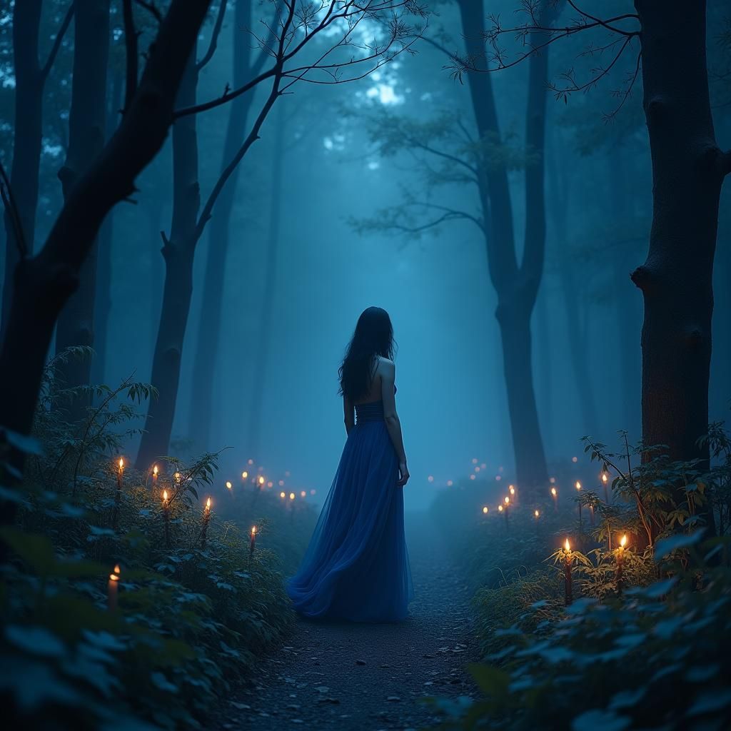 Ethereal Woman in Forest at Dusk: Fantasy Concept Art