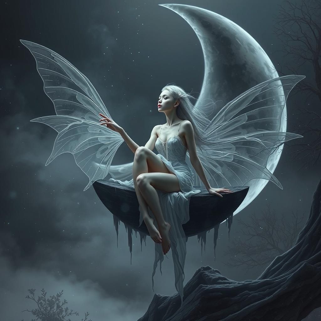 Ethereal Moon Fairy in Swirling Fog: Digital Art