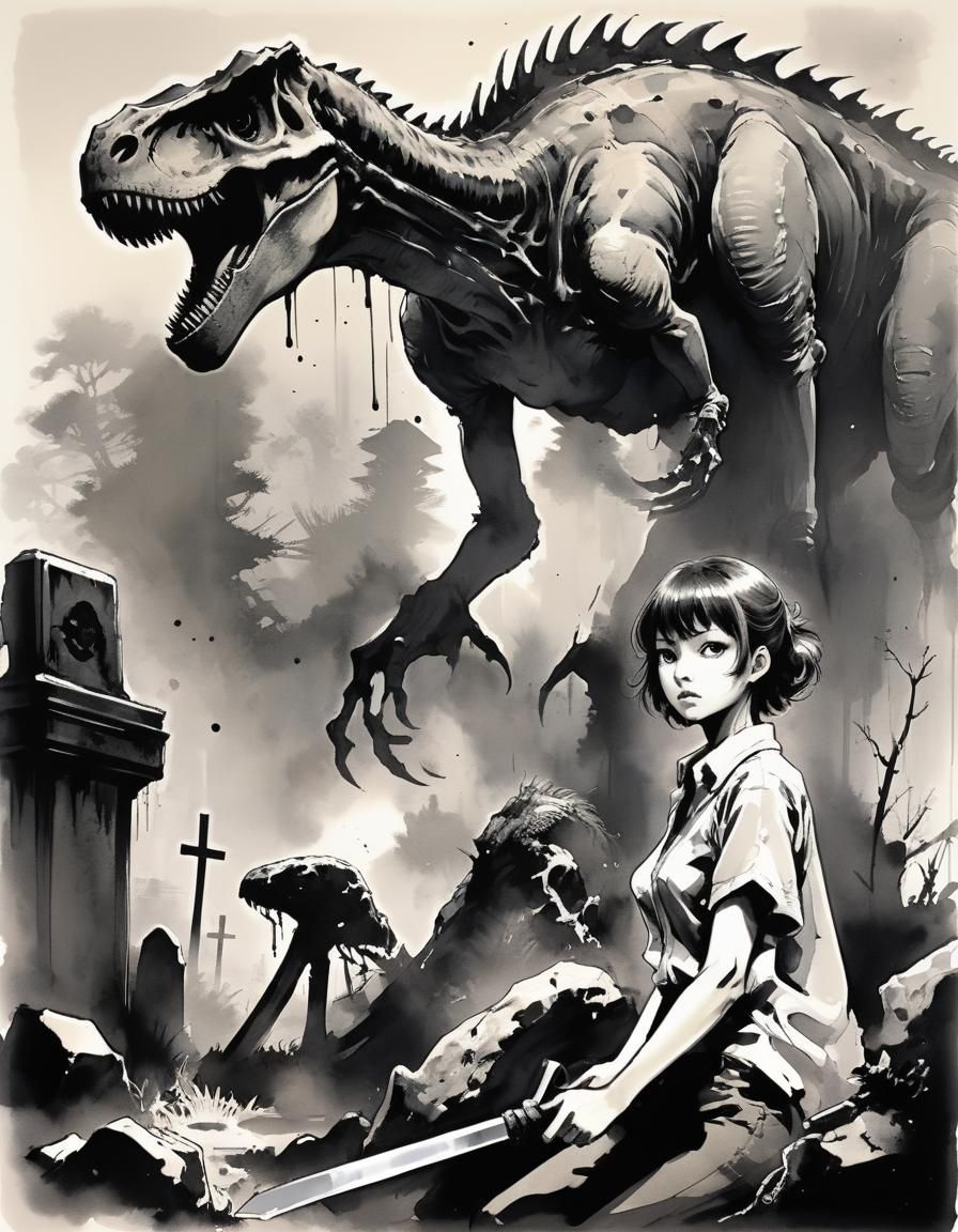 Dinosaur Portrait in Misty Graveyard, Ink Art