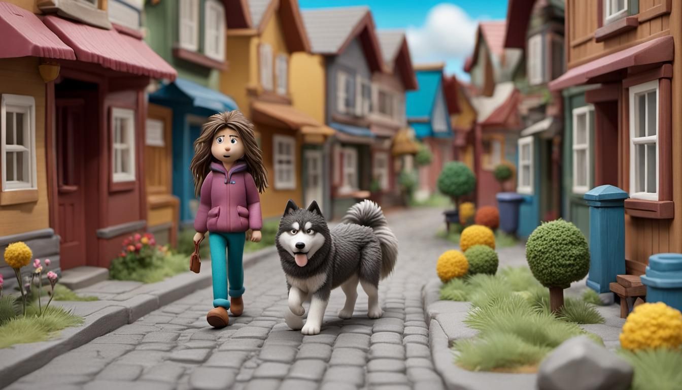 Claymation Woman and Dog in Small Town