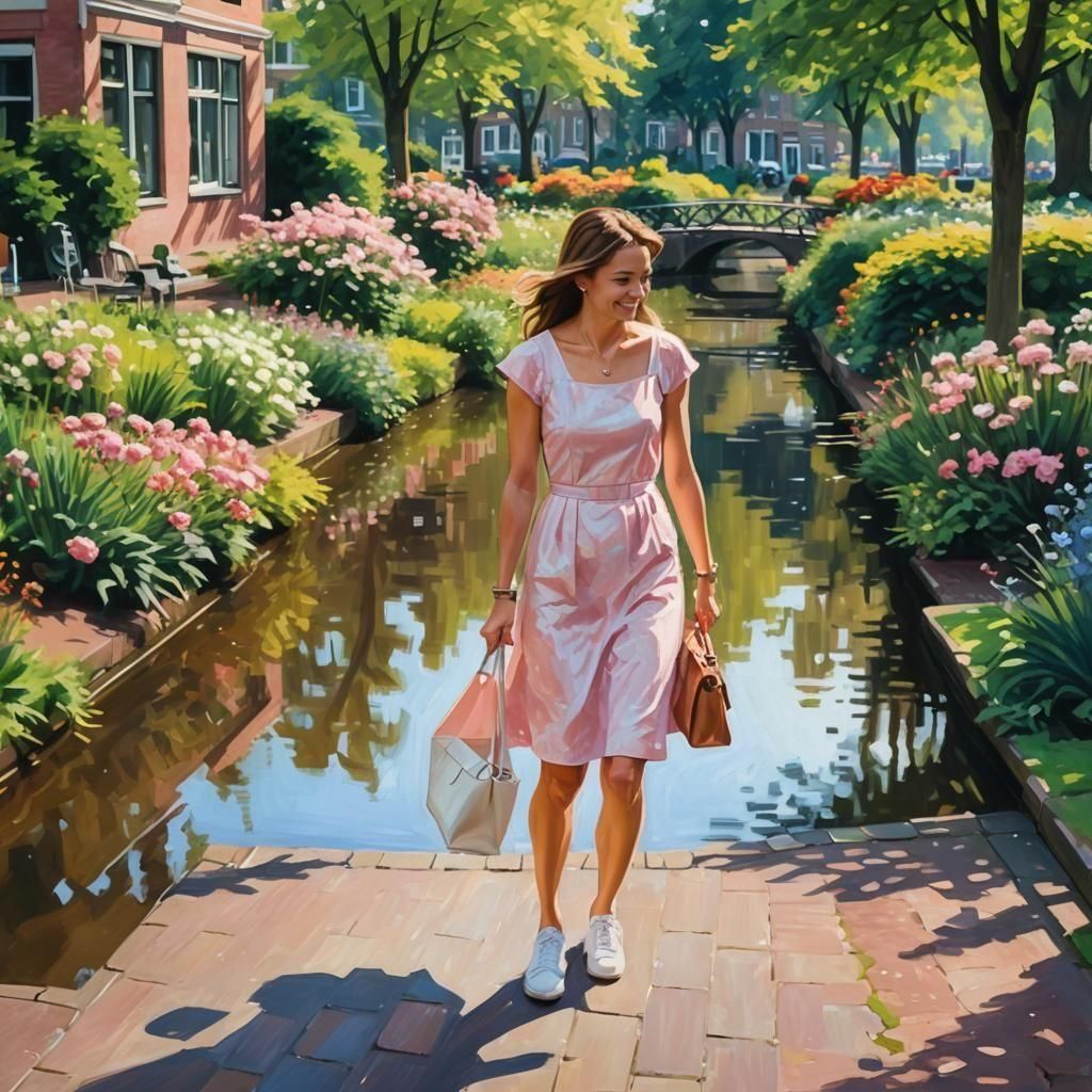 Smiling Woman in Pink Dress Enjoys Amsterdam Garden
