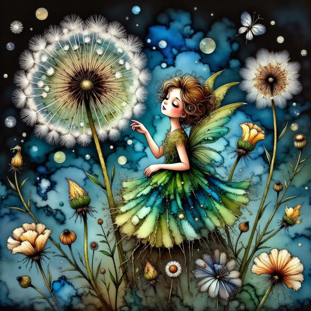 Whimsical Pixie Surrounded by Vibrant Dandelion