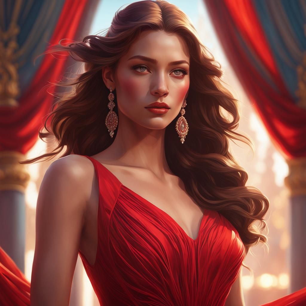 Girl in Red Dress: Hyperdetailed Digital Art Portrait