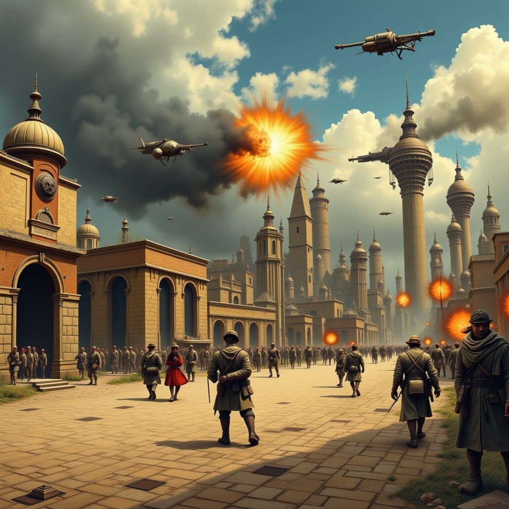 Futuristic Cityscape with Blast Cannons and Unscathed Walls