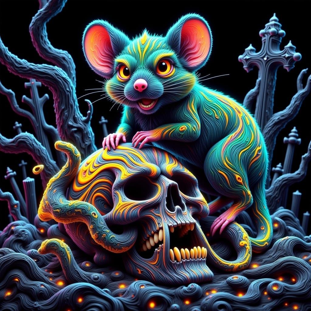 Cartoon Mouse on Skull Zentangle Illustration