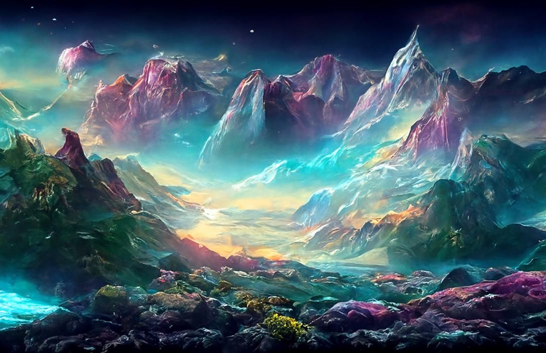Iridescent Futuristic Rocky Mountain Zen Landscape