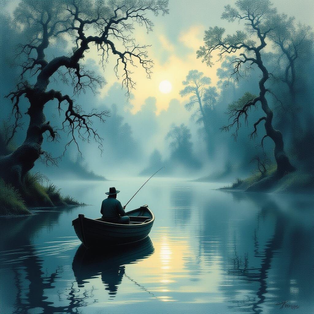 Misty Forest Lake at Dawn: Fisherman in Rowboat