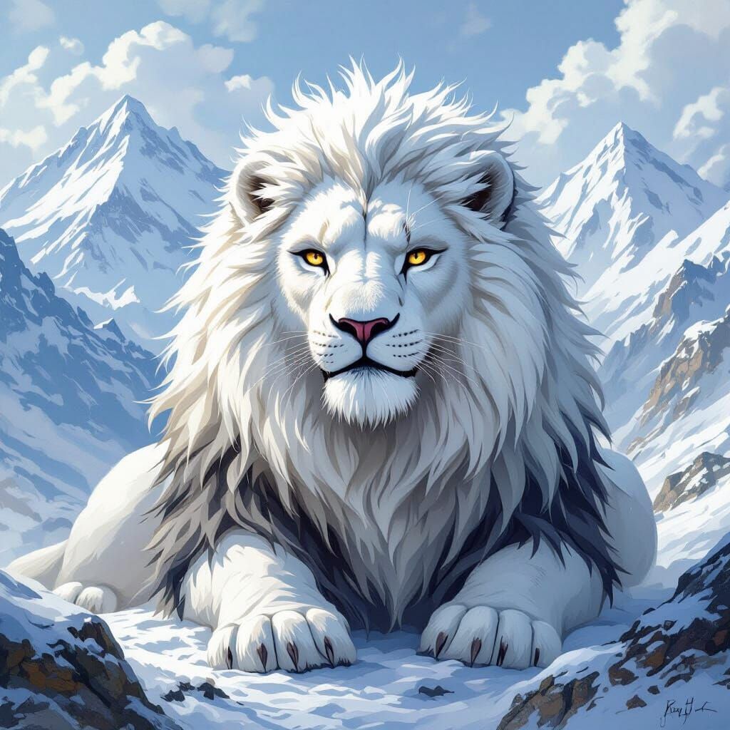 Majestic Snow Lion in Serene Himalayan Landscape