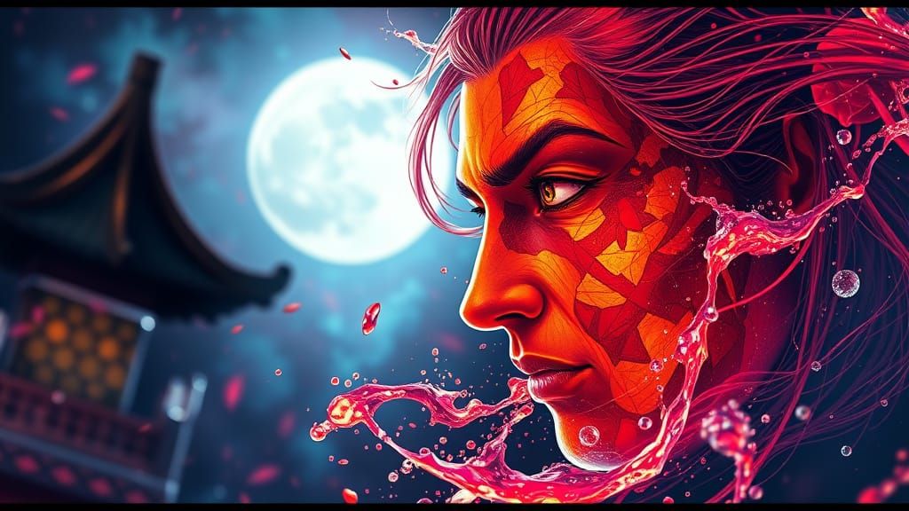 Hyperrealistic Rangoon Portraiture in Vibrant Moonlit Splash...