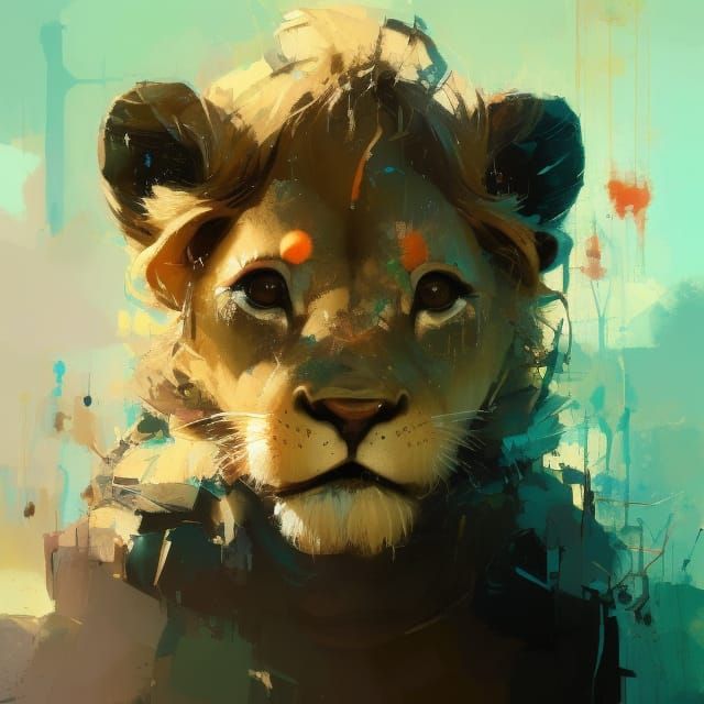 Adorable Chibi Lion Cub Portrait in Oil