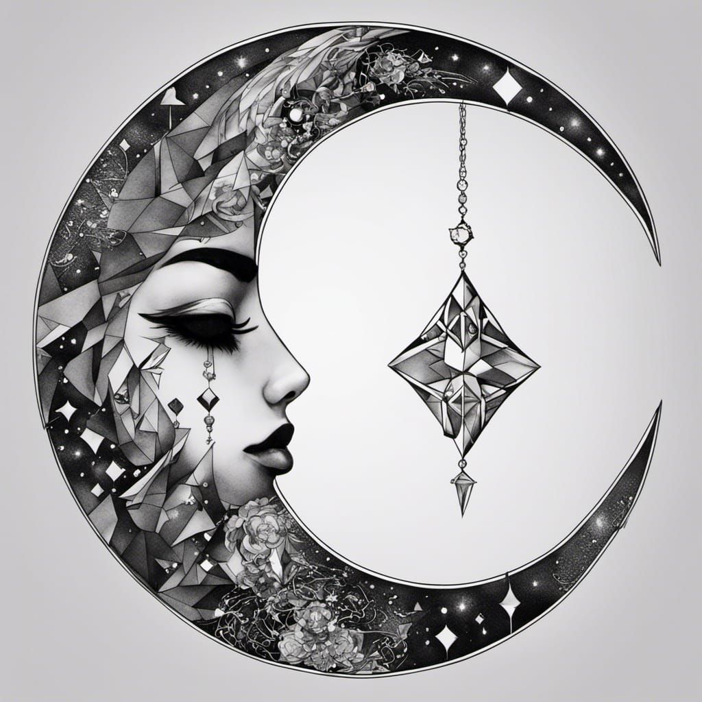 Crystalline Geometric Moon Tattoo in Anime Style