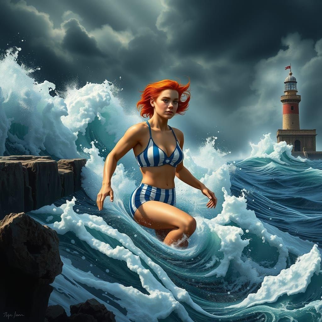 Red-Haired Girl Swimming in Stormy Sea