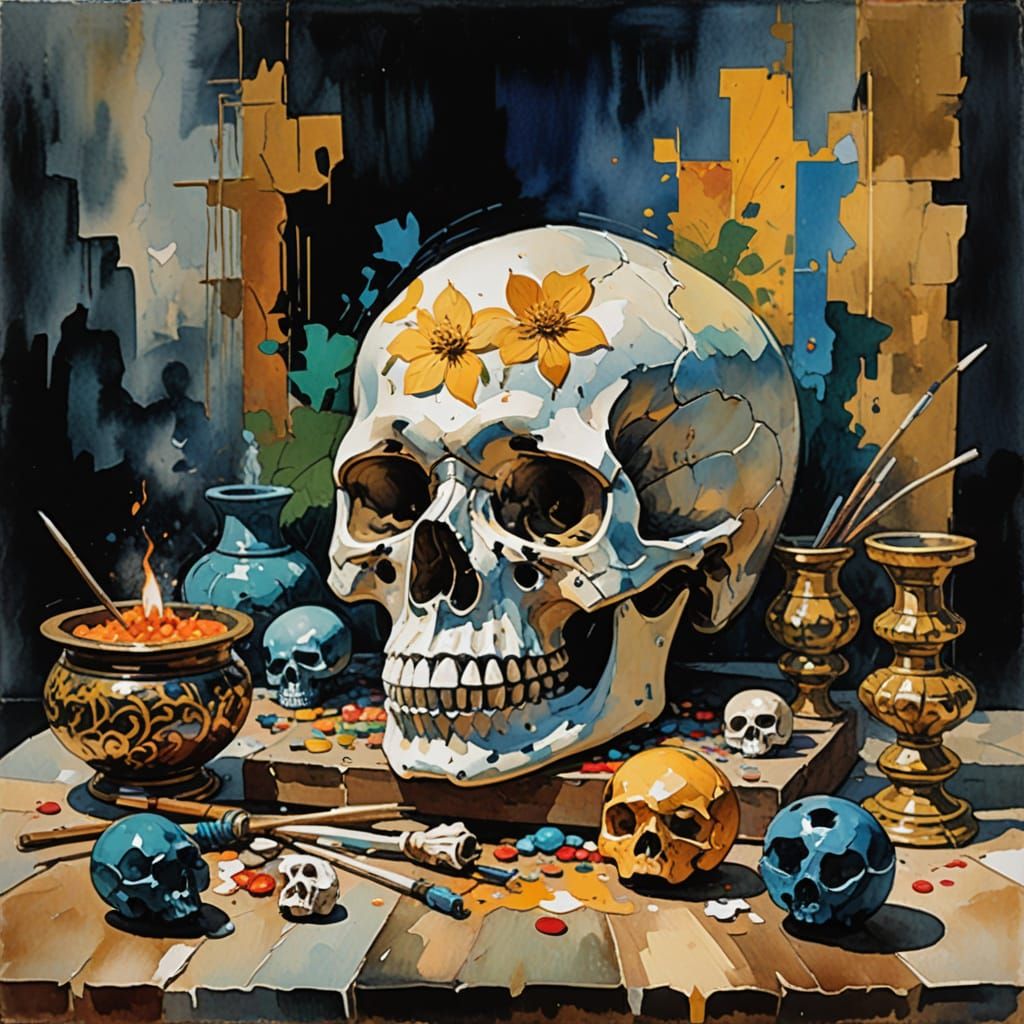 Cubist Ossuary Gallery of Noble Skulls in White and Gold
