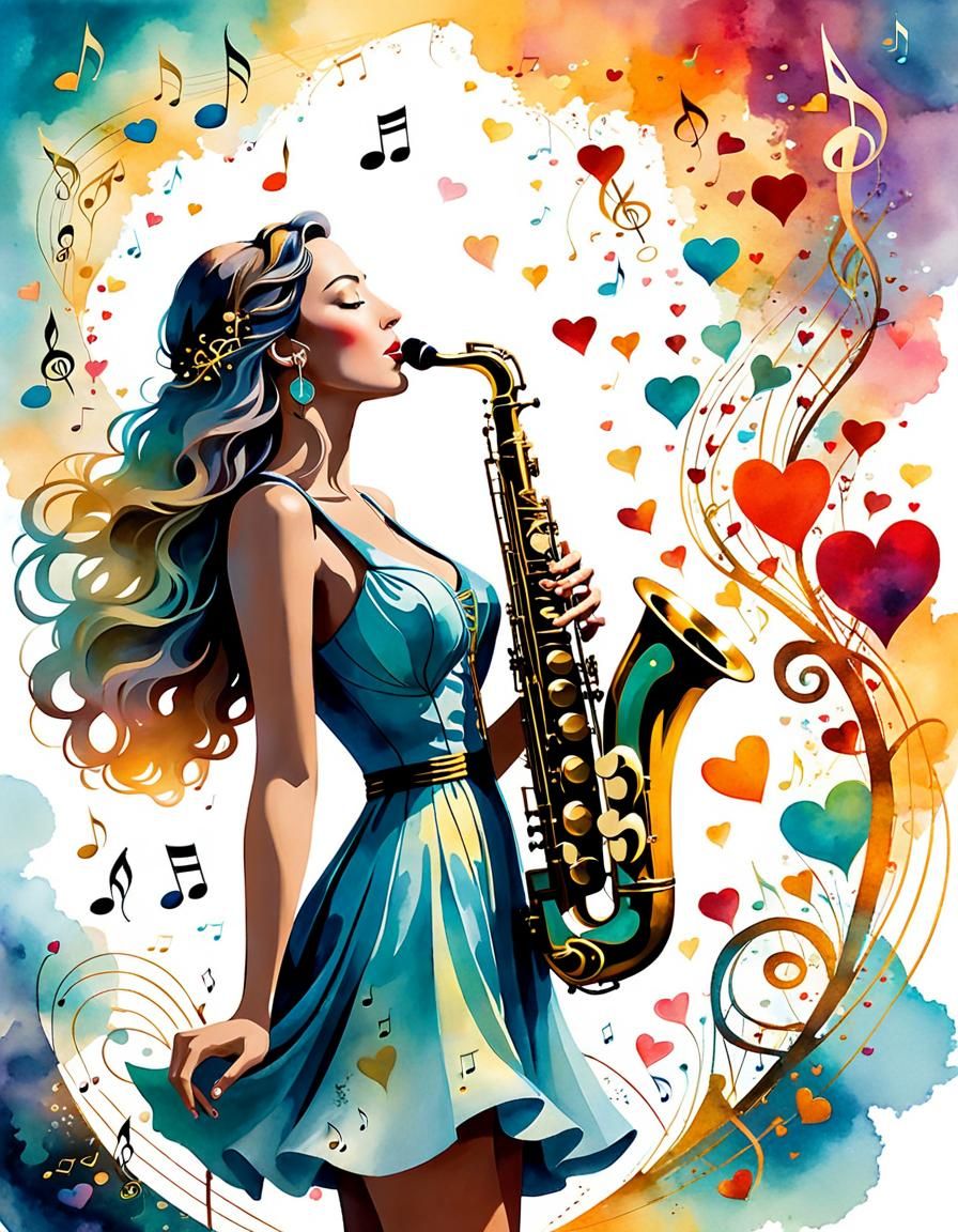 Rock Girl Saxophone Player in Surreal Fantasy Style