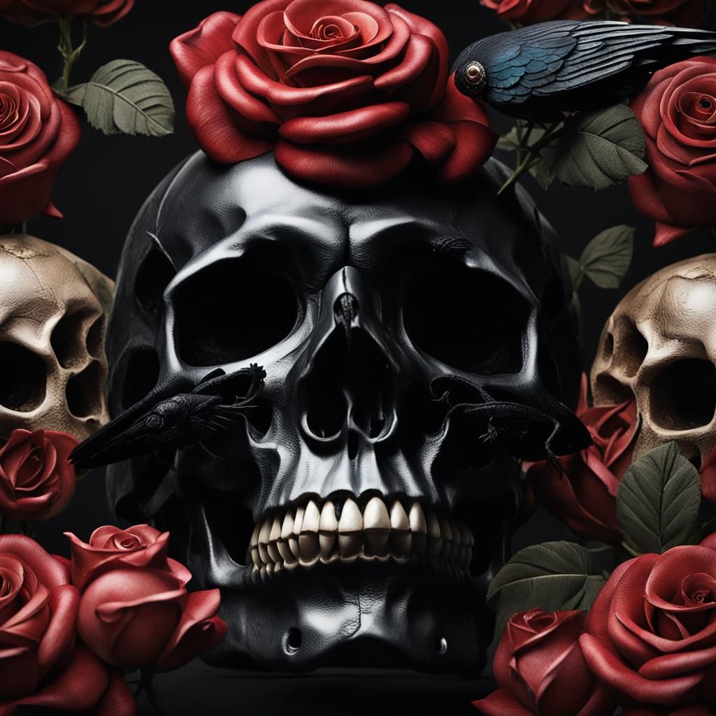 Dark Academia Skull with Roses and Raven