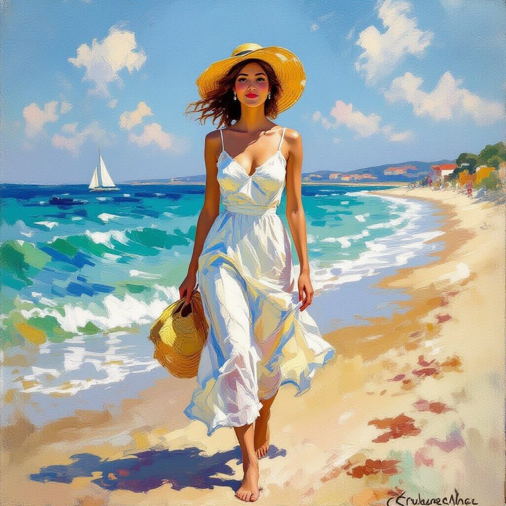 Woman on Sunny Beach in Impressionist Style