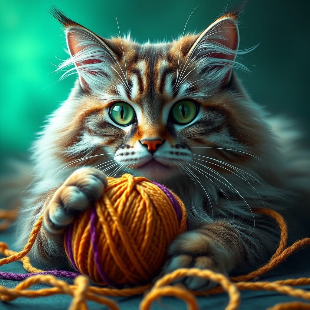 Majestic Cat Plays with Colorful Yarn in Vibrant, Dreamlike...