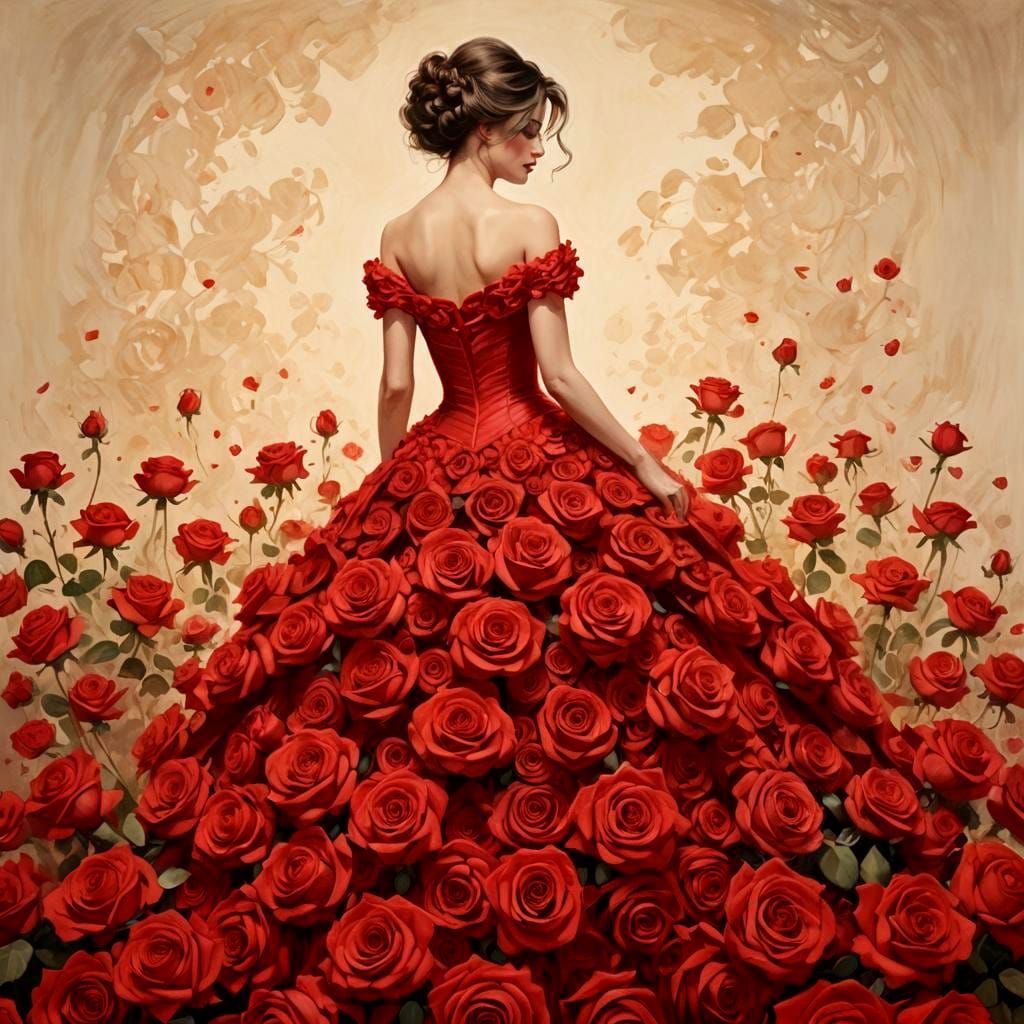 Woman in Red Dress Amidst Red Roses