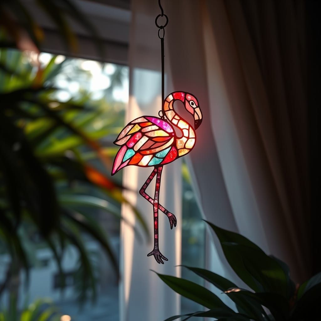 Surreal Stained Glass Flamingo Wind Chime in Tropical Mornin...
