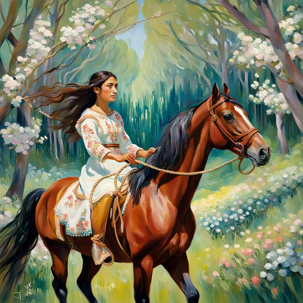 Maori Girl Riding Horse Through Spring Forest
