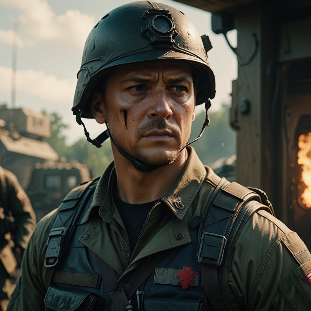 Hawkeye in Military Uniform, Cinematic Film Still