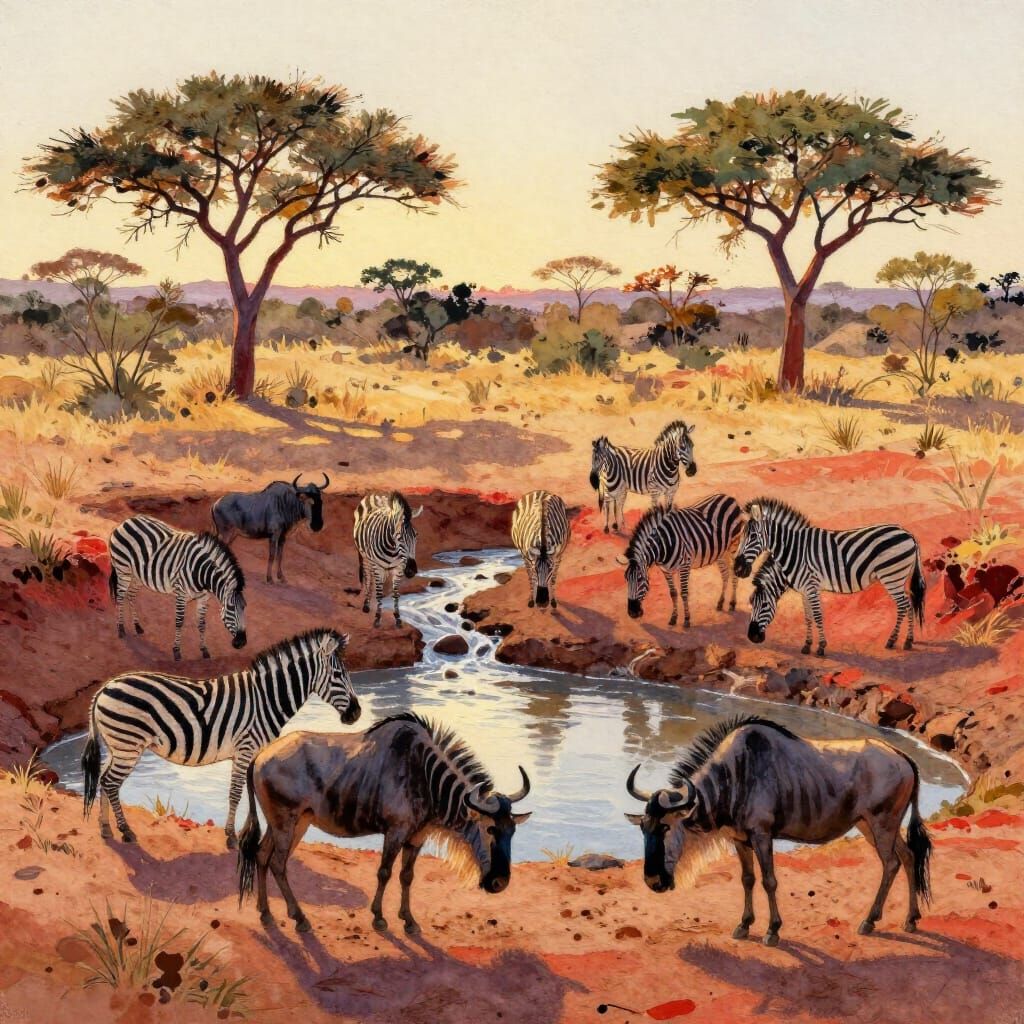 African Wildlife at Sunset in Expressive Watercolor Style